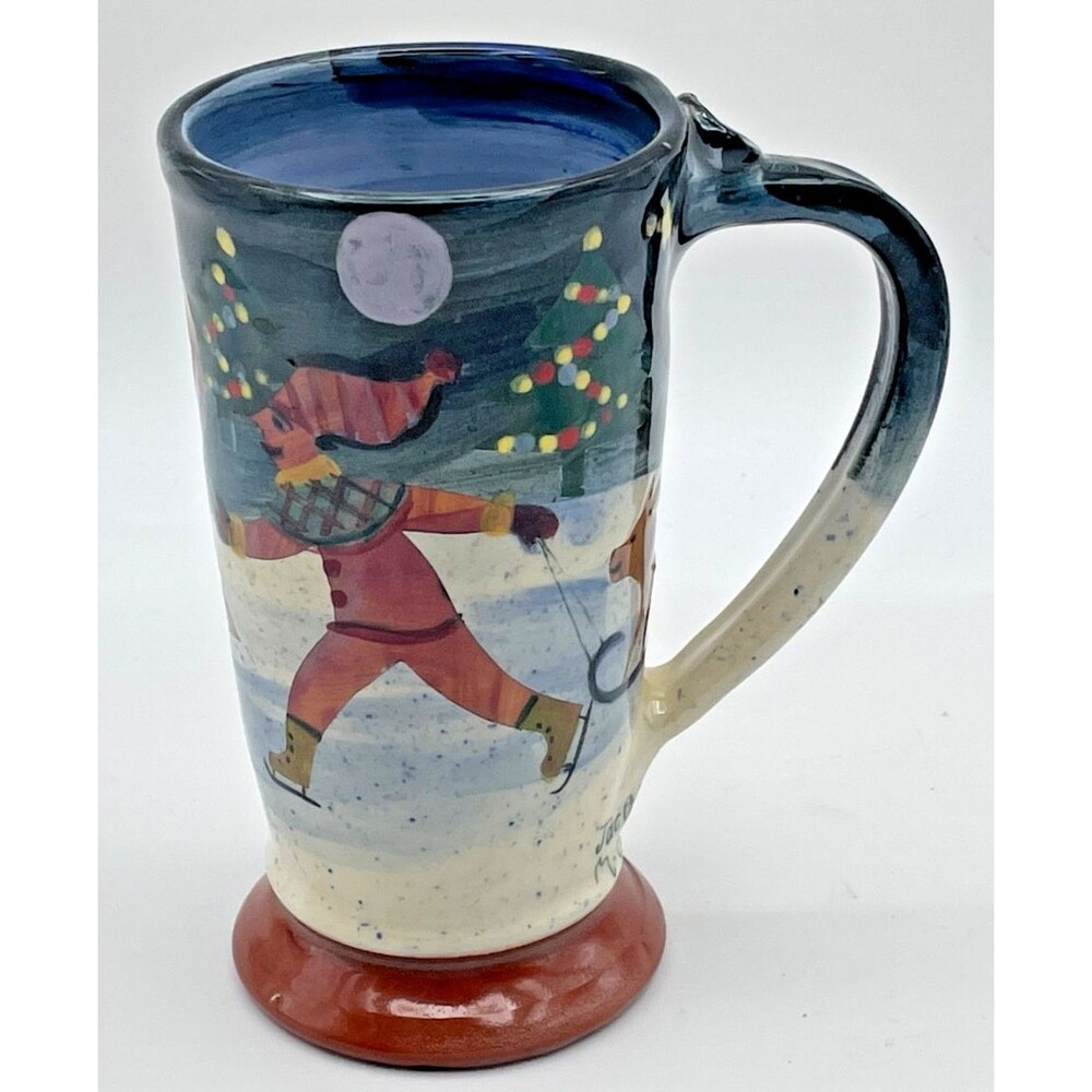 Ice Skating Holiday Hand Painted Mug Art Pottery Westcote Bell Signed 5.5" Tall